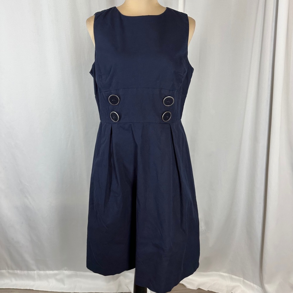 Talbots Petites Womens 10P Navy Cotton Stretch Button Waist Dress - Picture 2 of 15